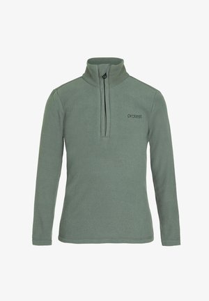 Pull polaire vert clair à manches longues, demi-fermeture éclair à l'avant, col montant, avec logo "protest" sur la poitrine.