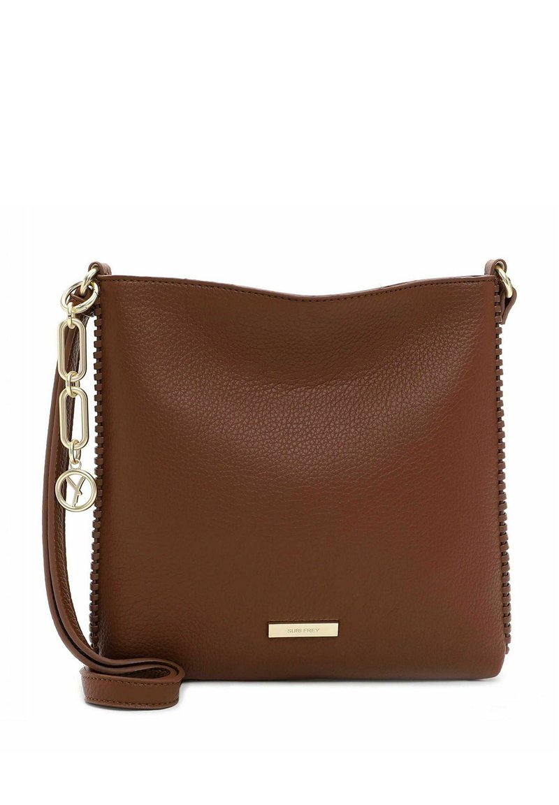 Brown leather crossbody bag with a textured finish, gold-tone hardware, and a side zipper detail. Features a woven strap and logo plate.