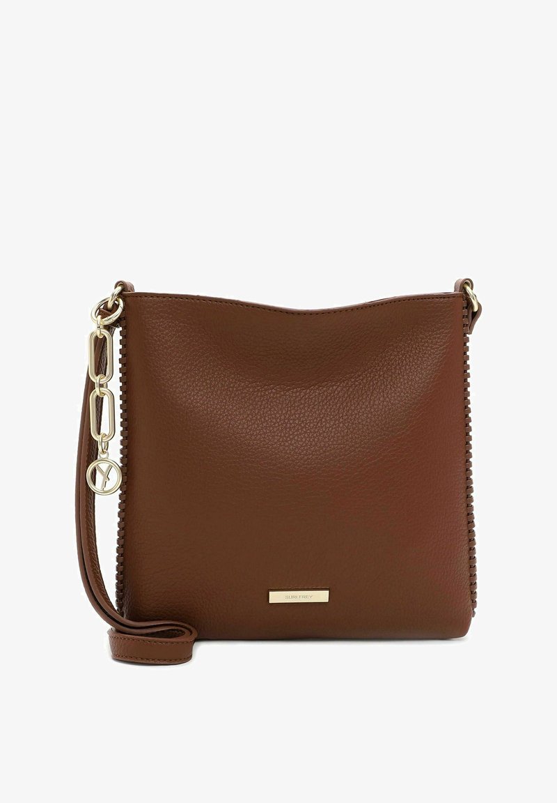Brown leather crossbody bag with a textured finish, gold-tone hardware, and a side zipper detail. Features a woven strap and logo plate.