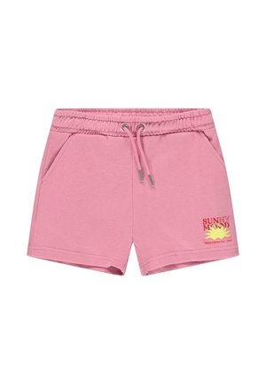 Roze katoenen shorts met een elastische tailleband, striksluiting, twee zijzakken en een "Sunny Mood"-afbeelding in geel en rood.