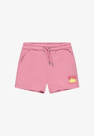 Roze katoenen shorts met een elastische tailleband, striksluiting, twee zijzakken en een "Sunny Mood"-afbeelding in geel en rood.