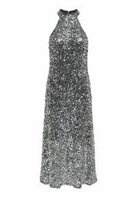 Robe en sequins argentés avec un décolleté halter, un corsage ajusté et une jupe fluide. Comprend une fermeture au dos et une texture scintillante sur toute la surface.