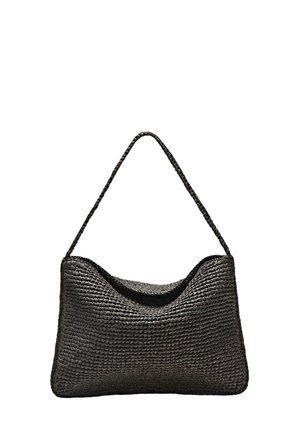 Schwarze gewebte Schultertasche mit einem einzelnen geflochtenen Riemen, rechteckiger Form und leicht gebogenem oberen Rand.