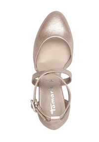 Roségoldene High Heels mit strukturiertem Finish, spitz zulaufender Zehenpartie und dünnem, verstellbarem Knöchelriemen. Glatte Innenauskleidung.