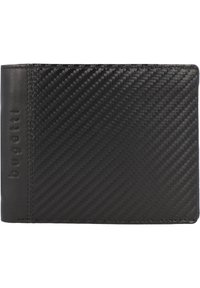 Portefeuille noir avec une texture en fibre de carbone tissée d'un côté et du cuir lisse de l'autre, avec un détail du logo de la marque en relief.