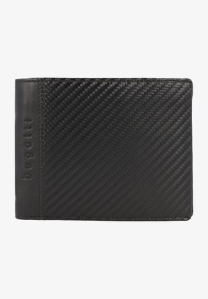 Portefeuille noir avec une texture en fibre de carbone tissée d'un côté et du cuir lisse de l'autre, avec un détail du logo de la marque en relief.