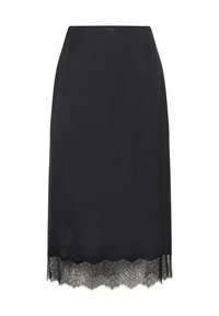 Jupe midi en satin noir avec ourlet en dentelle, coupe droite et taille haute.