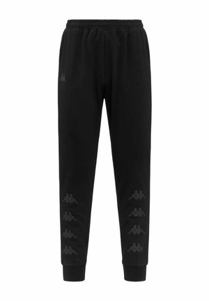 Pantalon de survêtement noir fuselé avec taille et poignets élastiques, avec un logo tonal Kappa répété le long des deux jambes.