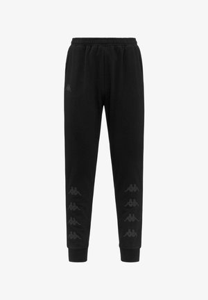 Pantaloni della tuta neri con gamba affusolata, elastico in vita e polsini, con il logo Kappa tonale ripetuto su entrambe le gambe.