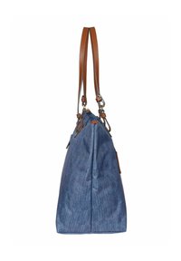 Borsa tote in denim blu con forma rettangolare, manici in pelle marrone e dettagli hardware regolabili. Texture morbida e design minimalista.