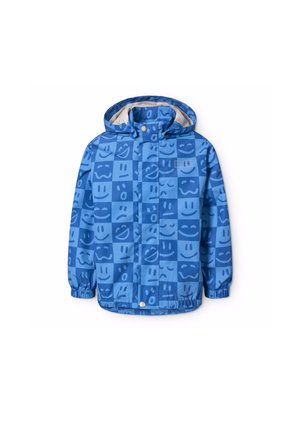 Blaue Kapuzenjacke mit elastischen Bündchen, Druckknopfverschluss und einem Muster aus verschiedenen lächelnden und neutralen Gesichtersymbolen in Quadraten.