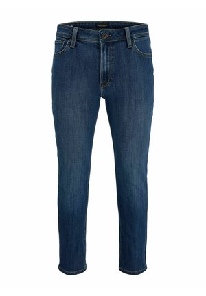 Mørkeblå, slim-fit denimjeans med frontknap og lynlås, femlomme-design og diskrete falmede detaljer.