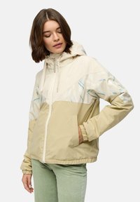 Lichtgewicht beige jacket met abstract patroon in zachte pasteltinten. Voorzien van een capuchon, ritssluiting en elastische manchetten. Inclusief voorzakken.