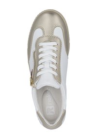 White athletic shoe with metallic gold accents. Features a round toe, elastic laces, and side zipper. Soft lining and rubber sole.