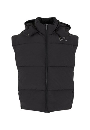 Black puffer vest with a zip front, hood, and snap buttons. Featuring a quilted texture and subtle brand logo on the shoulder.