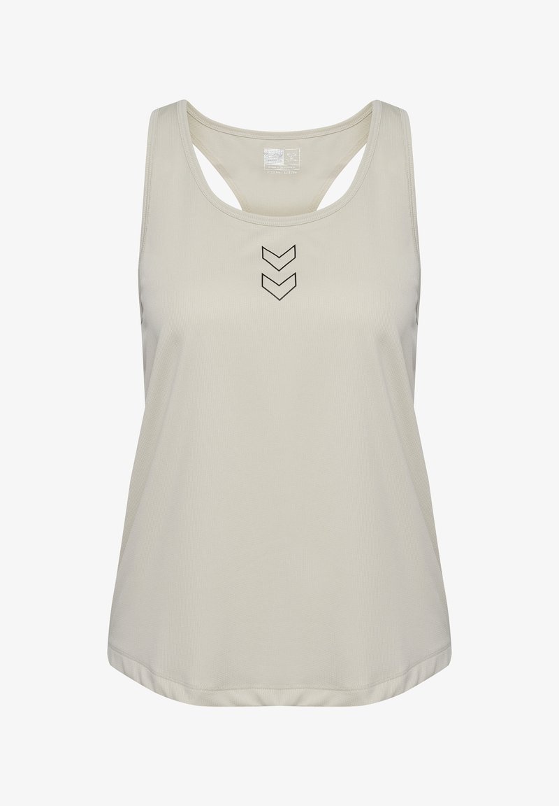 Camiseta sem mangas bege clara com decote em forma de U, apresentando um design em zig-zag preto na parte da frente e um corte nas costas estilo racerback para maior mobilidade.