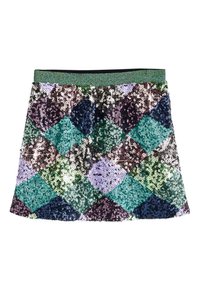 Mini-jupe à sequins présentant un motif en diamant vert, violet, bleu et noir. Taille élastique, texture brillante et design multicolore.