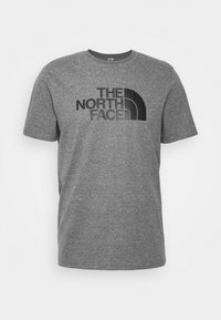 Camiseta gris de manga corta hecha de mezcla de algodón con un diseño gráfico prominente en negro que dice "THE NORTH FACE" y un acento en forma de semicírculo.