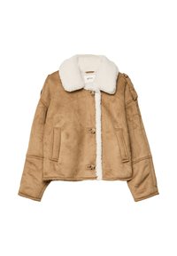 Giacca in suede marrone con colletto in pile bianco, chiusura con bottoni e tasche laterali, stesa su uno sfondo bianco.