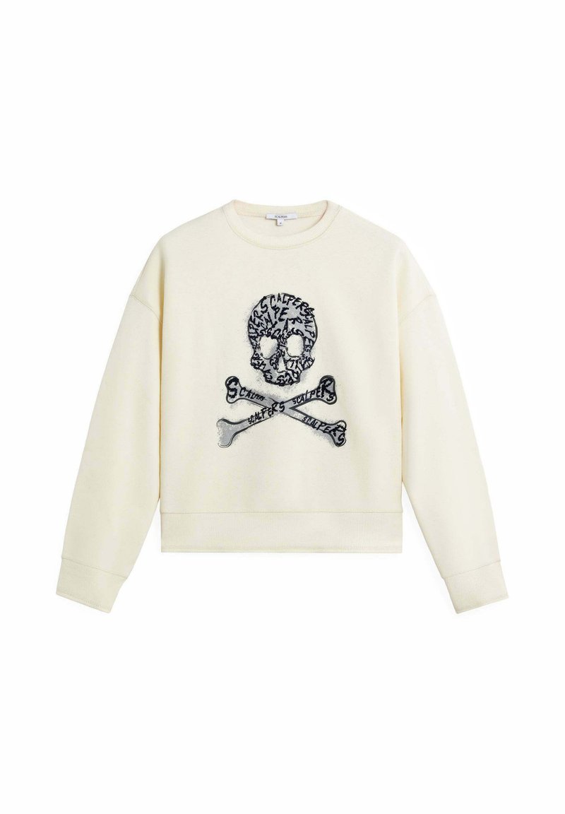 Sudadera color crema con un diseño cropped, que presenta un gráfico bordado de calavera y tibias en el centro. Textura de tela suave.