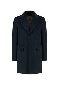 Marineblauwe wollen mix jas met een notch-lapel, lange mouwen, twee voorkruiken en een ritssluiting binnenvoering. Soepele textuur, getailleerde silhouet.