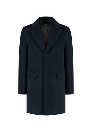 Granatowy płaszcz wełniany z kołnierzem typu notch, długimi rękawami, dwoma przednimi kieszeniami i zamkiem błyskawicznym wewnątrz. Gładka faktura, dopasowany krój.