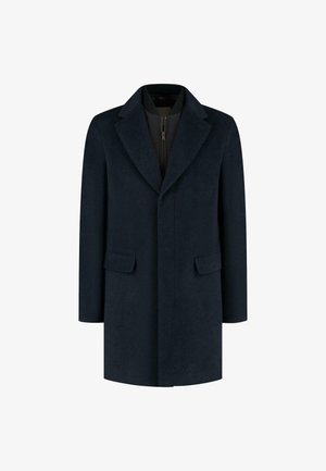 Granatowy płaszcz wełniany z kołnierzem typu notch, długimi rękawami, dwoma przednimi kieszeniami i zamkiem błyskawicznym wewnątrz. Gładka faktura, dopasowany krój.