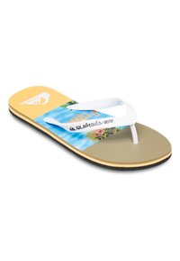 Tongs jaunes, bleues et vertes avec une semelle texturée. Présente une sangle blanche et un logo Quiksilver. Motif floral sur la semelle intérieure.
