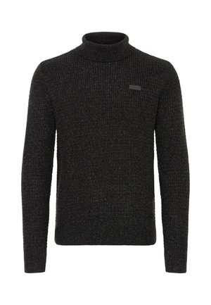 Maglione a collo alto lavorato a maglia di colore grigio scuro con una finitura testurizzata, caratterizzato da una piccola etichetta nera sul lato sinistro anteriore. Vestibilità classica con maniche lunghe.