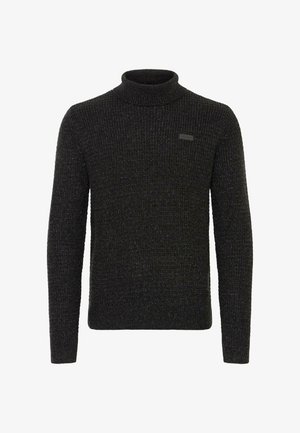 Pulover tricotat de culoare gri închis, cu guler înalt, având un finisaj texturat, cu un mic etichetă neagră pe partea din stânga față. Croială clasică, cu mâneci lungi.