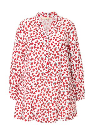 Bílá košile s červeným vzorem srdcí, zapínání na knoflíky vpředu, dlouhé rukávy a volný střih. Měkká tkanina s hladkým povrchem.