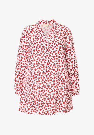 Weißes Hemd mit rotem Herzmuster, Knopfleiste vorne, lange Ärmel und lockerem Schnitt. Weiches Material mit glatter Textur.