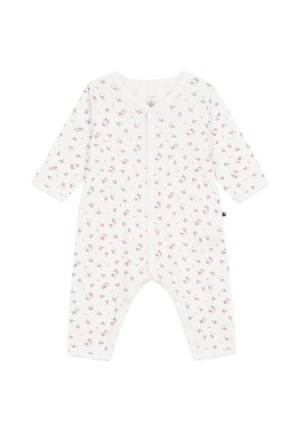 White baby romper with long sleeves and small pink floral pattern, featuring front snap closures from neck to feet.
