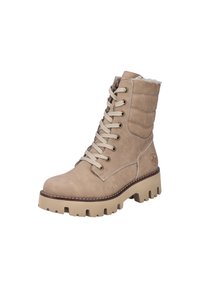 Bottes à lacets en cuir tan avec un col en peluche, semelle épaisse, détails de couture et lacets beige clair. Présente un logo sur le côté.