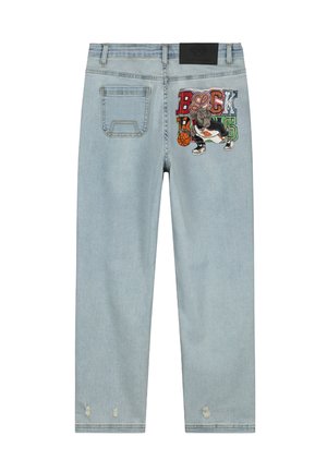 Hellblaue Jeans aus Denim mit geradem Schnitt, die auf der Rückseite ein farbenfrohes gesticktes Design und ausgefranste Details an den Säumen aufweisen.