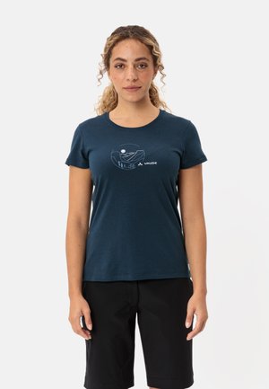Navy blue short-sleeve t-shirt in soft cotton with a circular mountain graphic and "VAUDE" logo. Round neck and fitted design.