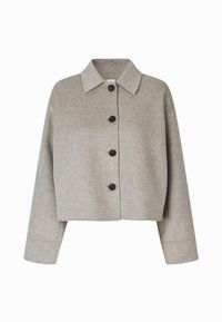 Zkrácená bunda ze světle šedého vlněného směsového materiálu s špičatým límcem, čtyřmi černými knoflíky a širokými rukávy pro uvolněný střih.