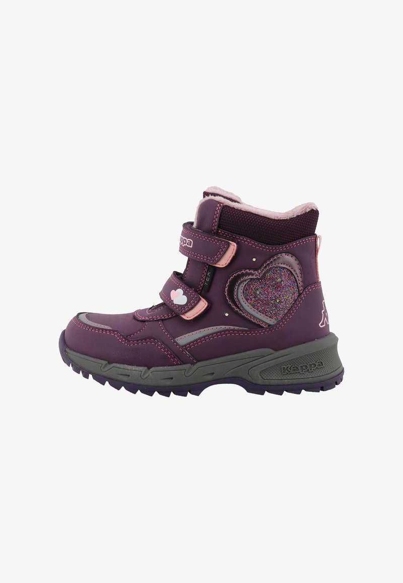 Bottes d'hiver pour enfants violettes avec deux bandes velcro, motif cœur pailleté sur le côté et semelle épaisse et robuste pour l'extérieur.