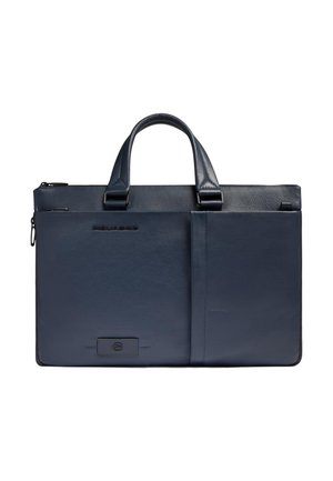 Sottile borsa porta documenti in pelle blu marina con due manici superiori, tasca frontale con cerniera e dettagli di design cuciti.