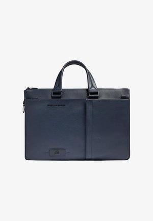 Slanke marineblauwe lederen aktetas met dubbele bovenhandgrepen, een voorvak met ritssluiting en met stiksel afgewerkte ontwerpdetails.