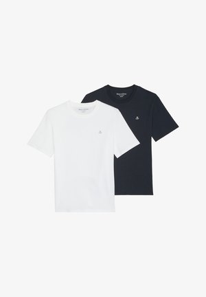 Two T-shirts: one white and one navy. Both feature short sleeves, a crew neckline, and a small "M" logo on the chest. Cotton material.