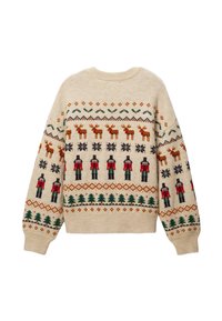 Pull en tricot beige avec des motifs festifs, y compris des rennes, des flocons de neige, des casse-noisettes et des arbres dans des teintes de vert, rouge et bleu.