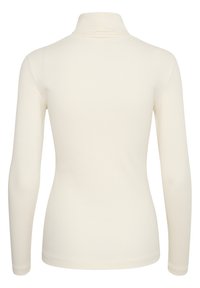 Rippstrick-Cremefarbener Rollkragenpullover mit langen Ärmel und tailliertem Design. Nahtlose Schultern und sauberer Saum, aus dehnbarem, leichtem Material gefertigt.