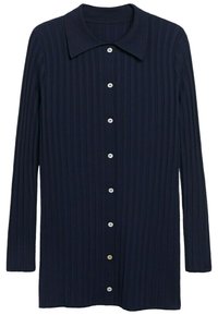 Vestido camisa de punto acanalado en navy con mangas largas, un cuello puntiagudo y cierre frontal de botones, con botones redondos blancos.