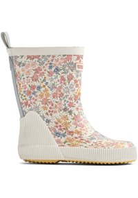 Botte de pluie en caoutchouc avec motif floral, base blanche, accents gris, semelle texturée et une languette pour un enfilage facile.
