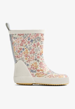 Gummiboot med blomstermønster i hvid bund, grå detaljer, en struktureret sål og en løkke til nem påtagning.
