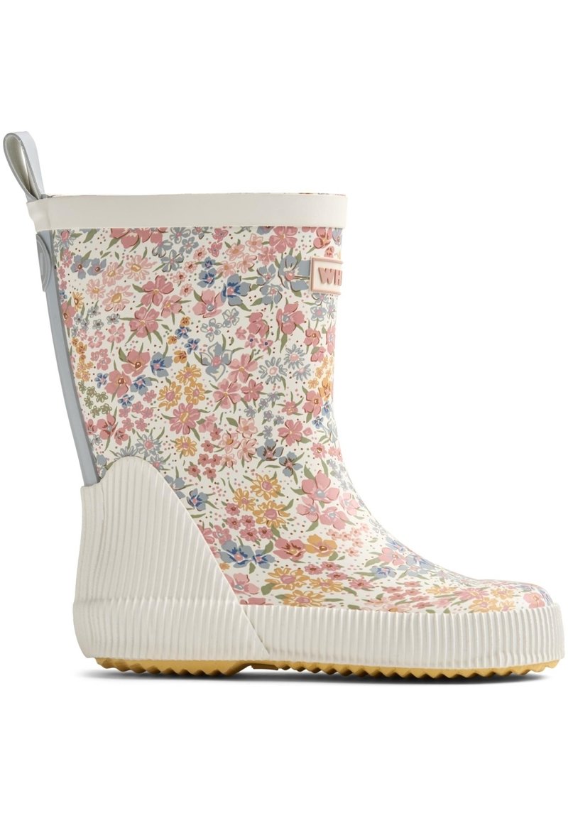 Botte de pluie en caoutchouc avec motif floral, base blanche, accents gris, semelle texturée et une languette pour un enfilage facile.