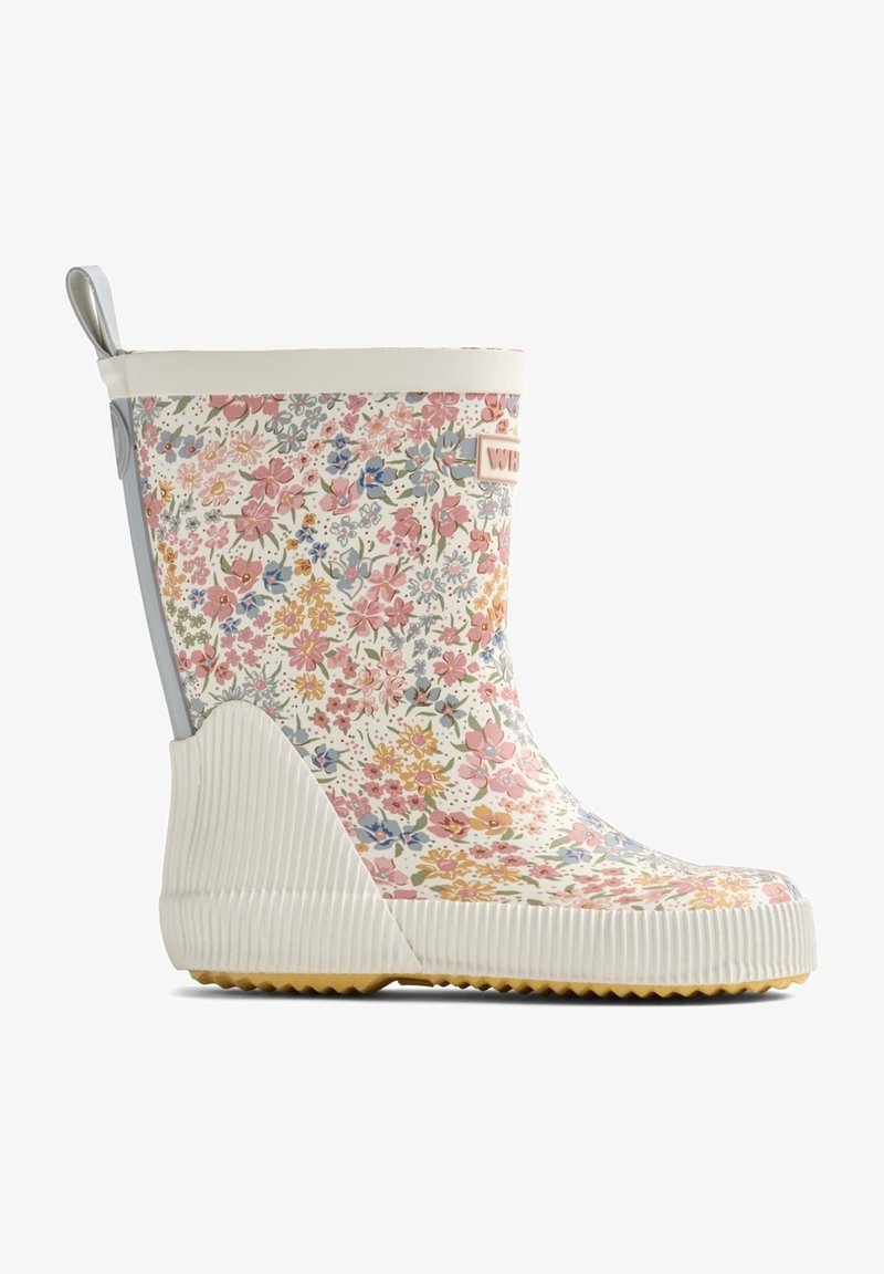 Botte de pluie en caoutchouc avec motif floral, base blanche, accents gris, semelle texturée et une languette pour un enfilage facile.