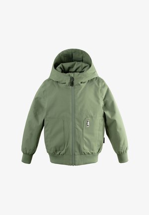 Veste à capuche verte pour enfants avec fermeture éclair devant, poignets élastiques, deux poches avant et petit logo pingouin sur la poche droite.