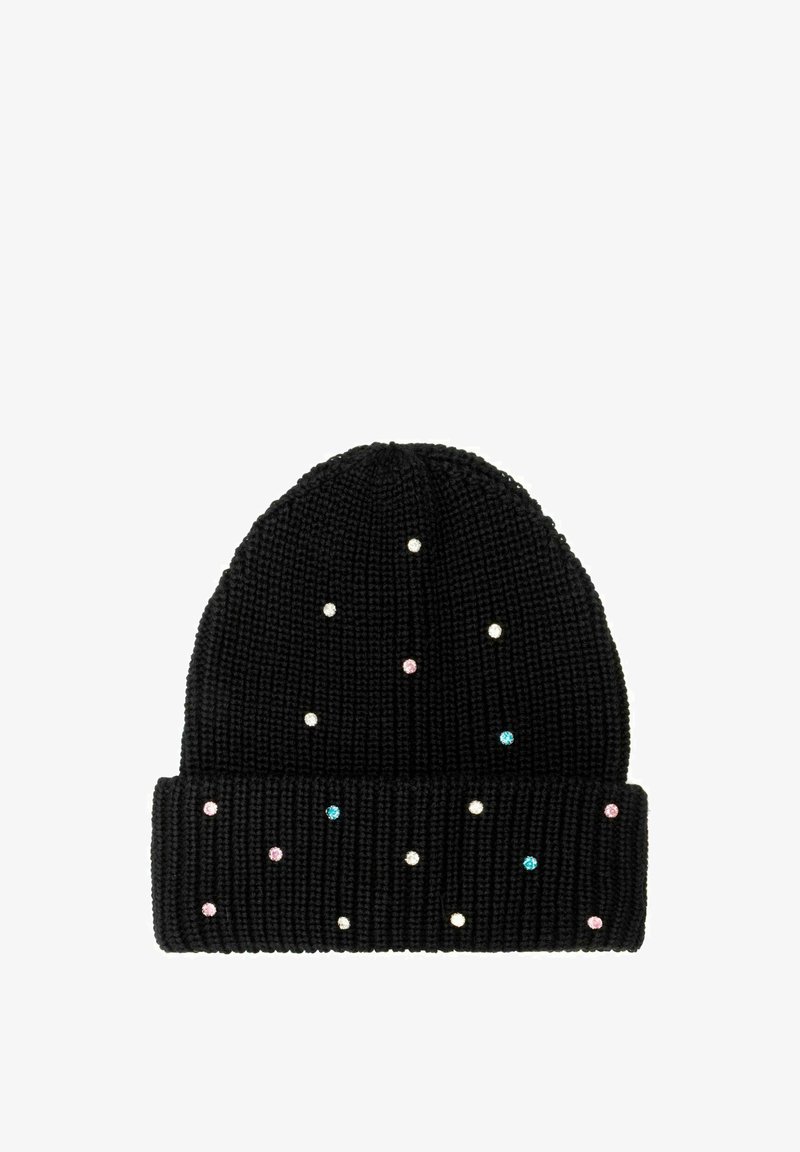 Czarny dzianinowy beanie z podwiniętym brzegiem, ozdobiony małymi różowymi, niebieskimi i białymi kropkami przypominającymi kamienie szlachetne, rozrzuconymi po powierzchni.